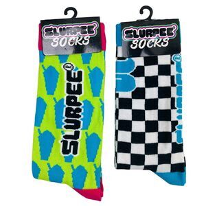 7-Eleven Slurpee Socks Green & Checkered Pattern 2-Pack Quirky Funky Retro Style
